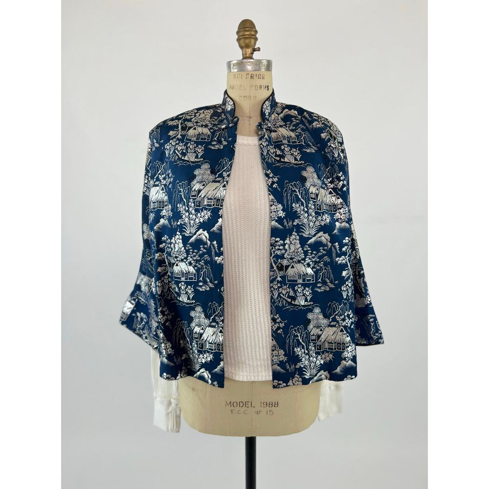 Vtg Y2K Asian Oriental Crop Jacket Staetment Blue & Silver Metallic OS